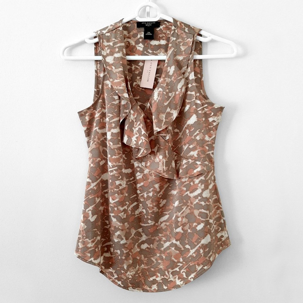NWT Ann Taylor Satin Ruffle-Front Sleeveless Blouse, Coral/Olive/Ivory, 00P